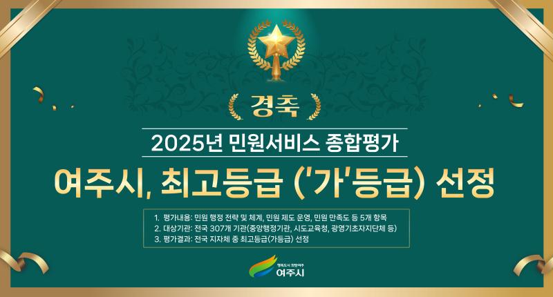 2025년 민원서비스 종합평가
여주시, 최고등급 ('가'등급) 선정
